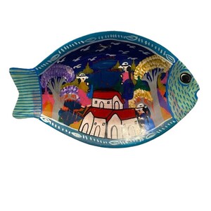 Folk Art Fish Plate South American Hand Painted Village Scene Handmade Hand Painted Terra Cotta Wall Decor Gallery Wall