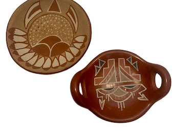 Southwestern Art aardewerk set van twee kommen trinket schotel decoratief handgeschilderd handgemaakt