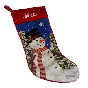 Needlepoint Christmas Stocking Cheery Snowman Holiday Decor Handmade