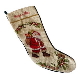 Christmas Stocking Wool Needlepoint Handmade Vintage Christmas Mantle Decor Santa Claus Needlepoint