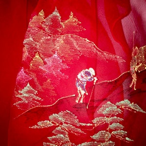Vintage Sheer Red Chiffon Scarf Hand Painted Scene Japan Mt. Fuji Mid Century