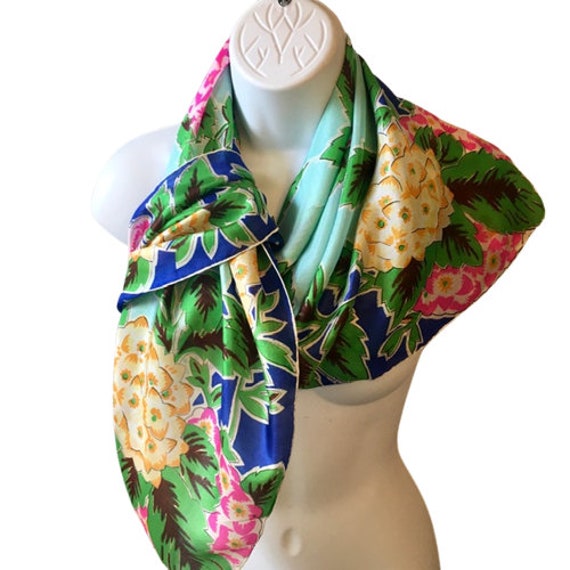 Scarf Silk Bold Color Floral Hydrageas Vintage 40… - image 5