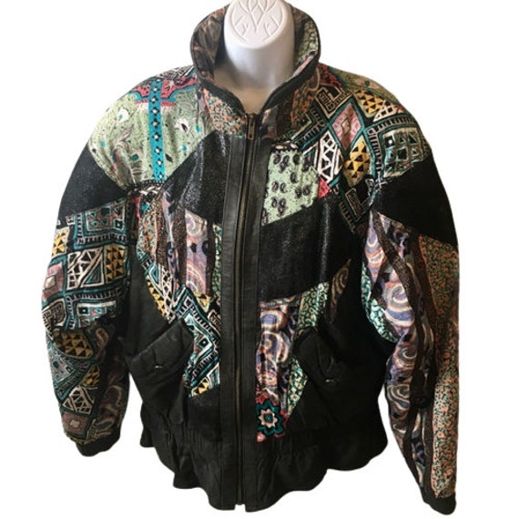 Leather Mixed Print Fabric Winlit Jacket  Vintage… - image 2