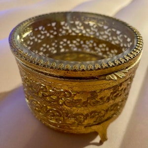 Ormolu Trinket Round Jewelry Box Gold Filigree Beveled Glass HInged Lid Vintage 60s 70s Glamorous