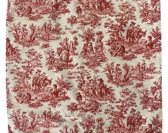 Può includere: Tessuto quadrato bianco e rosso toile con un motivo ripetuto di scena pastorale. Il tessuto presenta illustrazioni dettagliate di persone, alberi e animali in un design classico. Il tessuto è adatto a vari progetti artigianali.