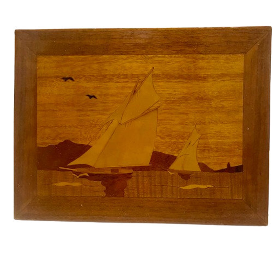 Wood Inlay Nautical Schooners Sailing Ships at Sea All Wood Nautical ...