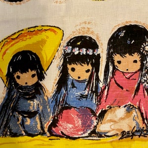 Linen Tea Towel Signed De Grazia Print &quot;Wee Three&quot; Colorful Southwestern Art