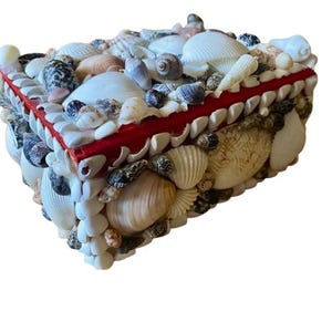Shell Covered Trinket Jewelry Box Vintage 1970s Handmade Beach House Coastal Decor