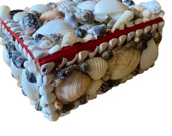 Shell Covered Trinket Jewelry Box Vintage 1970s Handmade Beach House Coastal Decor