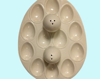 Egg Plate Set Vintage USA Pottery Deviled Eggs Salt Pepper Set White