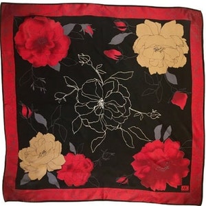 Silk Scarf Anne Klein Vintage 60s 70s Black Red Gold Gray Rose Print Hand Rolled Hems