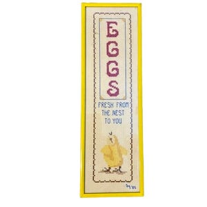 Cross Stitch Framed Under Glass Chicken Eggs Country Farmhouse Kitchen Decor 1985