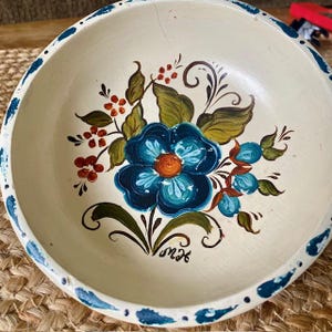 Wooden Bowl Hand Painted Folk Art Floral Trinket Dish Farmhouse Decor Signed