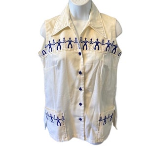 Ship N Shore Top Sleeveless Blouse Embroidered Sailors Pockets Button Front Vintage 1970s