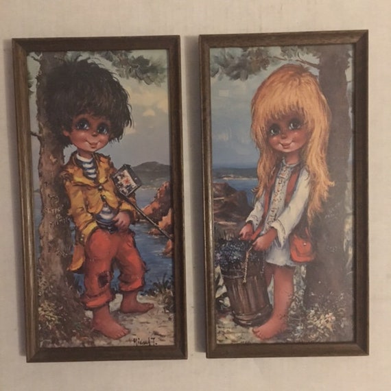 Set of Two Michael Thomas Big Eyes Kids Prints Framed Under