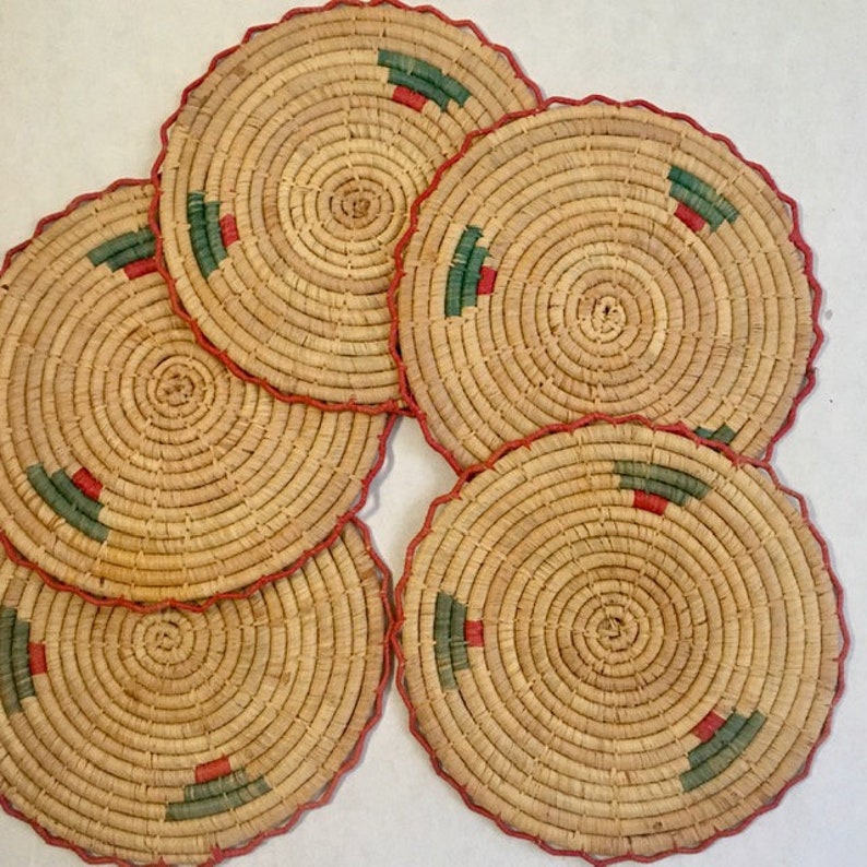 Trivet Handmade Woven Coiled Straw Rattan Tan Green Red Round Etsy