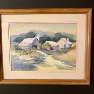 Original Watercolor Framed Under Glass Farm Scene Country Soft Green Blue Gallery Wall Ready To Hang