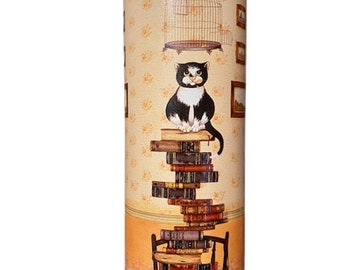 Decorative Storage Tin Kitty Cat Stack of Books Birdcage Tall Round
