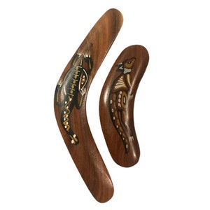 Boomerangs Set of Two Austrailian Handmade Hand Painted Wooden Turtle Kangaroo Aboriginal Art Use or Decor