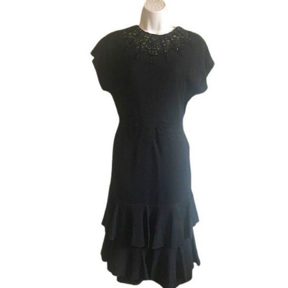 Little Black Dress Vintage Sequin Neckline Flounc… - image 1
