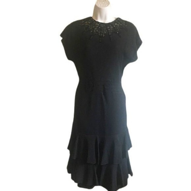 Little Black Dress Vintage Sequin Neckline Flounce Ruffle Hem image 1