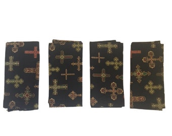 Cloth Napkins Handmade Cross Print Black Set of Four