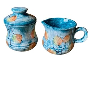 Teal Blue Green Art Pottery Creamer and Covered Sugar Bowl Set Studio Pottery Artist Signed Botanical Designs