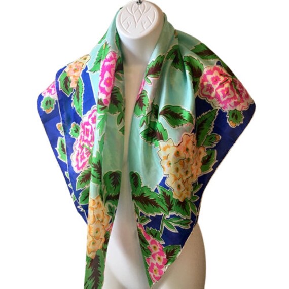 Scarf Silk Bold Color Floral Hydrageas Vintage 40… - image 2