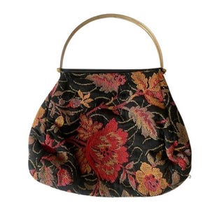 Tapestry Top Handle Bag Brass Hinged Handles Vintage Black Floral