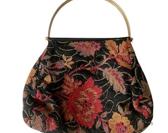 Tapestry Top Handle Bag Brass Hinged Handles Vintage Black Floral