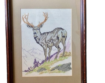 Needlepoint Deer Framed Matted Under Glass Handmade Vintage 1980s Gallery Wall Decor Ready to Hang