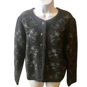 Sweater Jacket Tally Ho Vintage 70s 80s Gray Wool White Embroidery Button Front Small