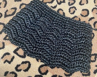 Crochet Straw Clutch Black Scalloped Hem Zip Top Vintage