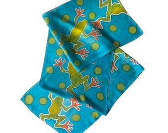 Silk Scarf Frog Print Blue Green Orange Oblong