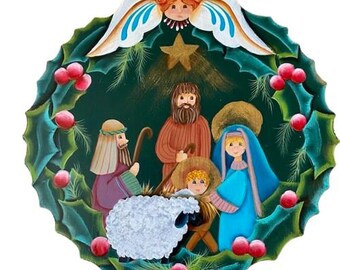 Nativity Wooden Plaque Folk Art Style Hand Painted Christmas Decor Gallery Wall