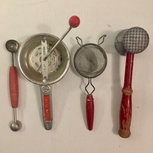 Four Vintage Kitchen Tools Red Wooden Handles Use or Decor