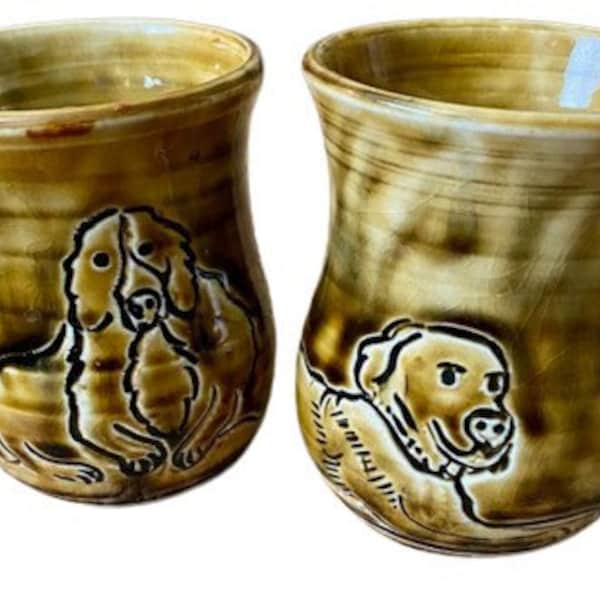 Art Pottery Dog Mugs Golden Retrievers Set of Two Coffee Tea Handmade Ceramic