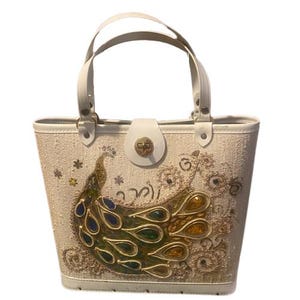 Mid Century Peacock Bag Rhinestones Beads Wooden Bottom 1960s Handbag Purse