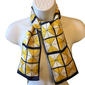 Mod Print Scarf Vintage 60s  Geometric Yellow Navy White Acetate Made in Japan