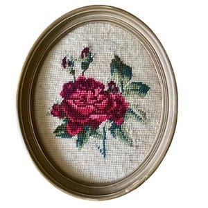 Needlepoint Red Roses in Wooden Oval Frame Cottage Vintage Decor Ready to Hang Gallery Wall