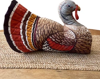 Stuffed Turkey Centerpiece Handmade Farmhouse Fall Decor Thanksgiving Table Vintage 1970s Party Table