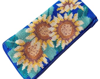 Needlepoint Eyeglass Soft Case Sunflowers Alice Peterson Stitch and Zip Vintage 1980s