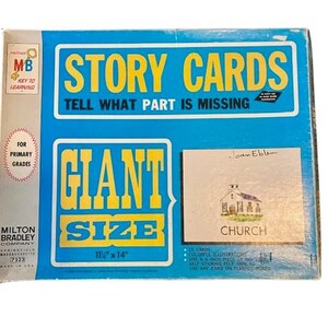 May include: A vintage Milton Bradley "Story Cards" game box. The box is blue with yellow text that reads "Story Cards" and "Giant Size". Includes a card with a church illustration. The box measures 29.8cm x 35.6cm.
