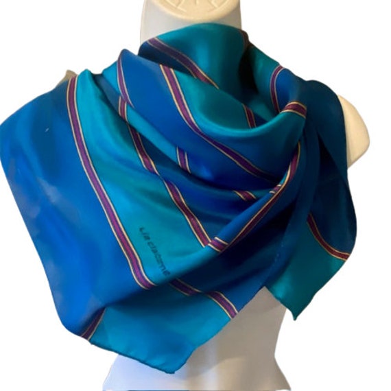 Cynthia' Silk-Feel Scarf, Checks and Fleur de Lis in Blue and Orange