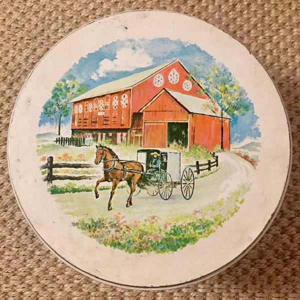 Cookie Tin Vintage Amish Farm Scenes Barn Horse and Buggy Farmhouse Decor