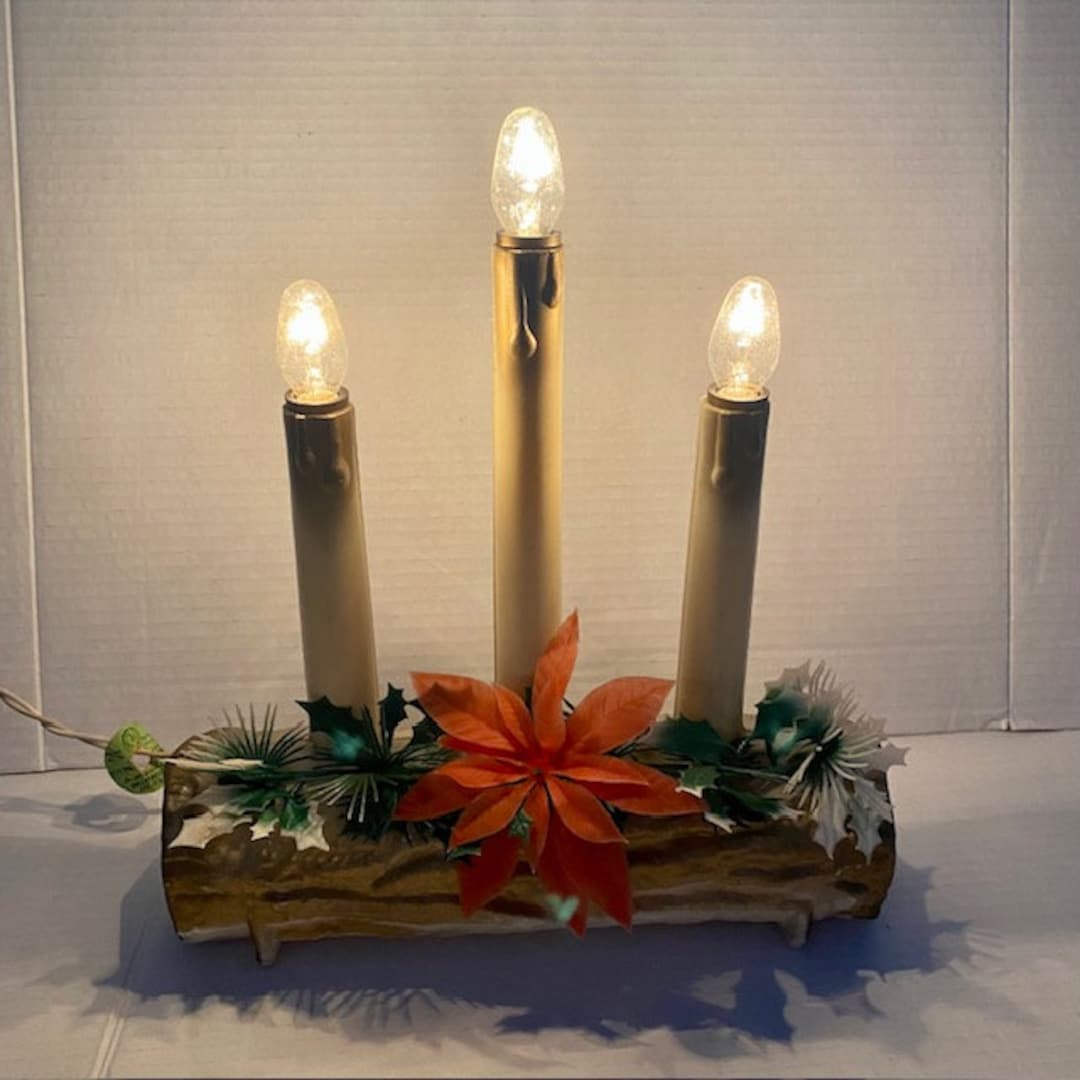 Christmas Electric Yule Log With Candles Indoor Decoration Vintage