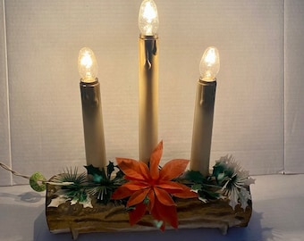 Christmas Electric Yule Log with Candles Indoor Decoration Vintage 1970s Made in the USA Vintage Christmas Kitsch Decor