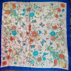 Floral Silk Twill Scarf Made in Italy Butterflies Poppies Tulips Large Square Made in Italy Vintage 1970s