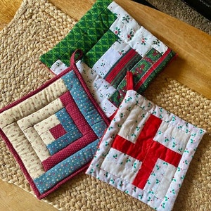 Quilt Square Pot Holders or Trivets Handmade Christmas Theme Winter Holiday Decor Hostess Gift Set of Three