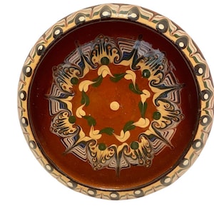 Bulgarian Folk Art Pottery Trinket Dish Redware Earth Tones Handmade Hand Painted for Use or Decor